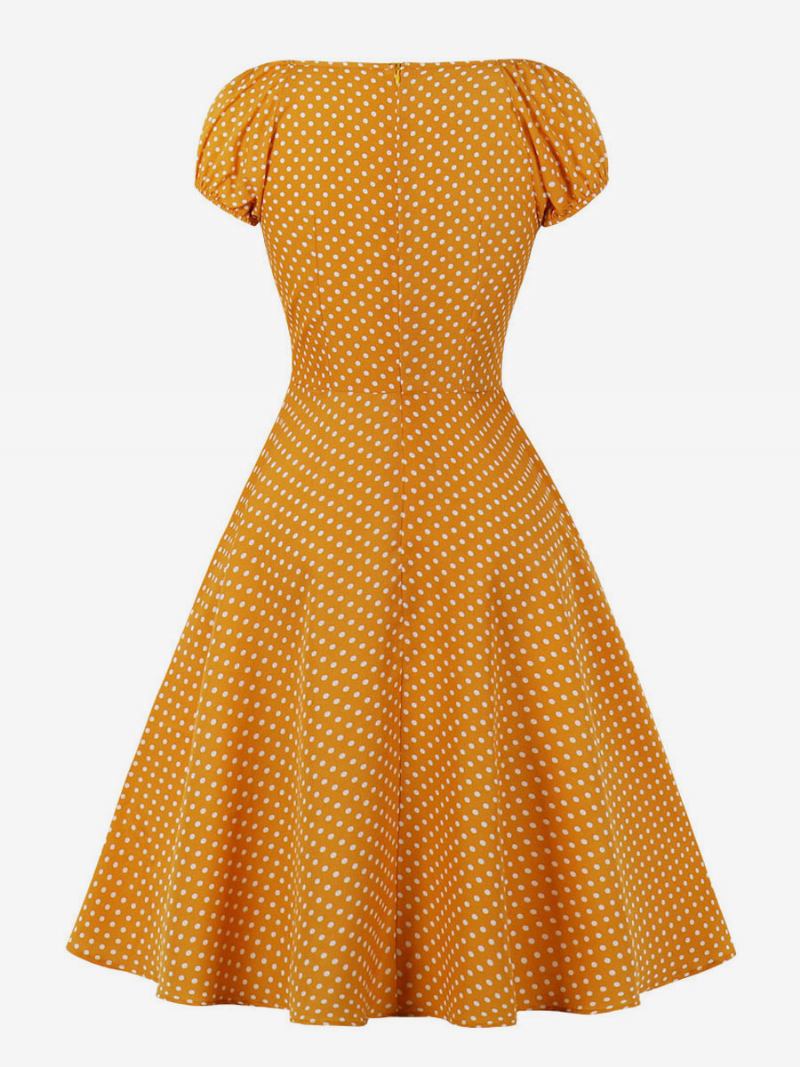 Vestido Feminino Estilo Audrey Hepburn Dos Anos 1950. Retrô Decote Em V Manga Curta Bolinhas Midi Swing - Laranja