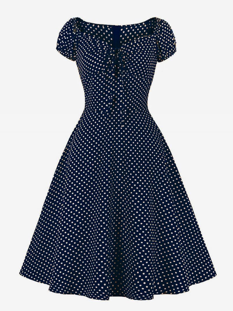 Vestido Feminino Estilo Audrey Hepburn Dos Anos 1950. Retrô Decote Em V Manga Curta Bolinhas Midi Swing - Azul Profundo