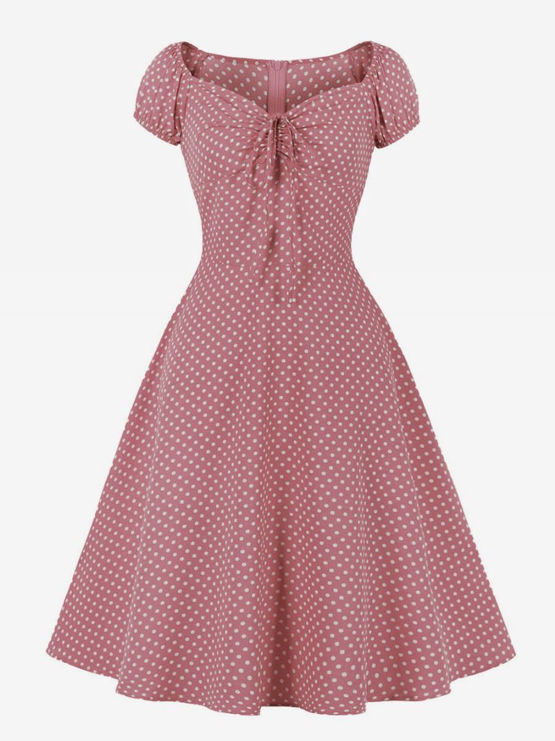 Vestido Feminino Estilo Audrey Hepburn Dos Anos 1950. Retrô Decote Em V Manga Curta Bolinhas Midi Swing - Rosa