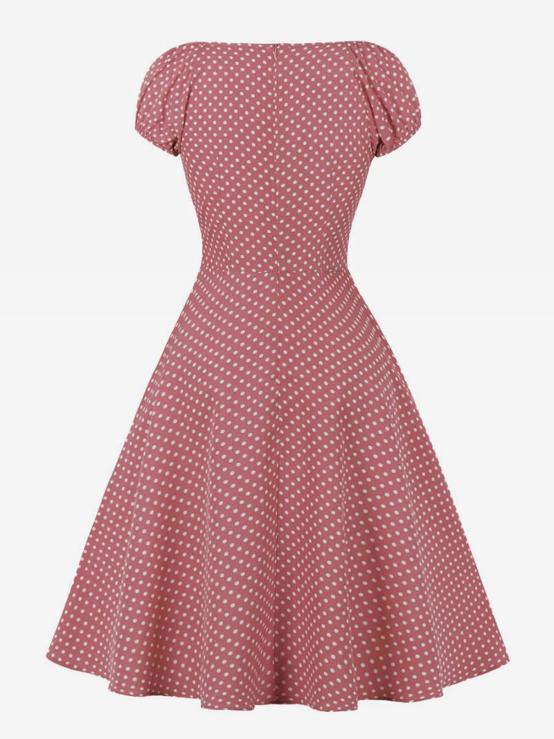 Vestido Feminino Estilo Audrey Hepburn Dos Anos 1950. Retrô Decote Em V Manga Curta Bolinhas Midi Swing - Rosa