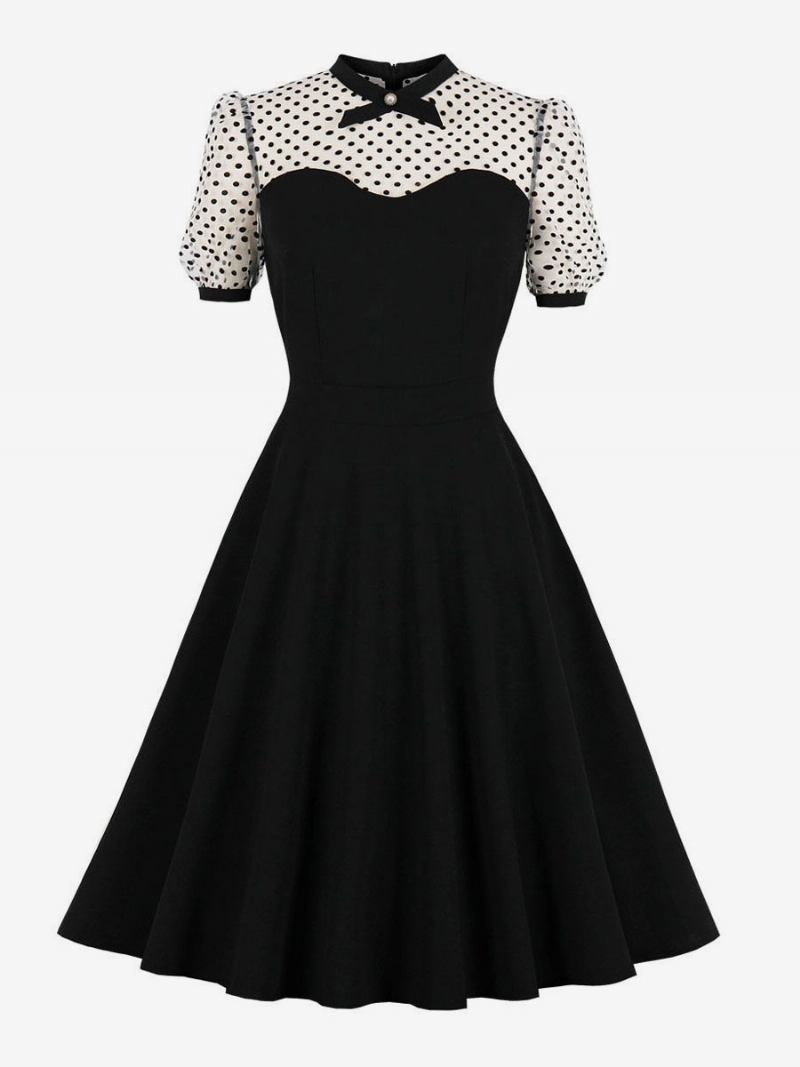 Vestido Feminino Estilo Audrey Hepburn Dos Anos 1950. Retrô Gola Joia Mangas Curtas Médio Preto Dois Tons