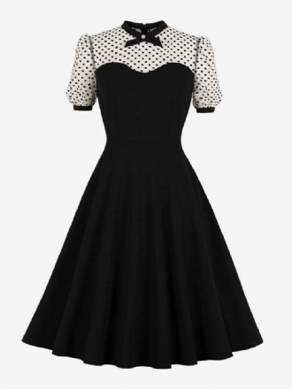 Vestido Feminino Estilo Audrey Hepburn Dos Anos 1950. Retrô Gola Joia Mangas Curtas Médio Preto Dois Tons