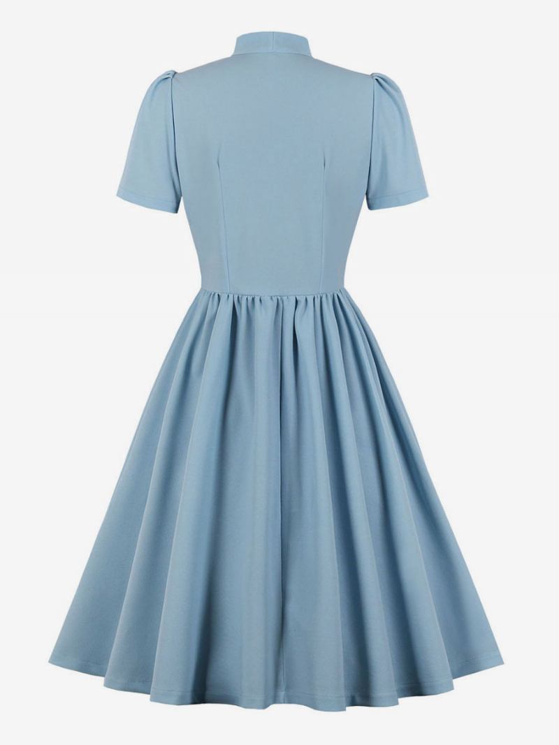 Vestido Feminino Estilo Audrey Hepburn Dos Anos 1950 Vintage Com Decote Em Arco E Mangas Curtas Médio Swing - Bebê Azul