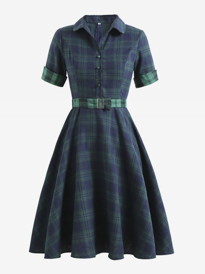 Vestido Feminino Estilo Audrey Hepburn Dos Anos 1950. Vintage Com Decote Em V Gola Aberta Mangas Curtas Comprimento Do Joelho Xadrez Swing