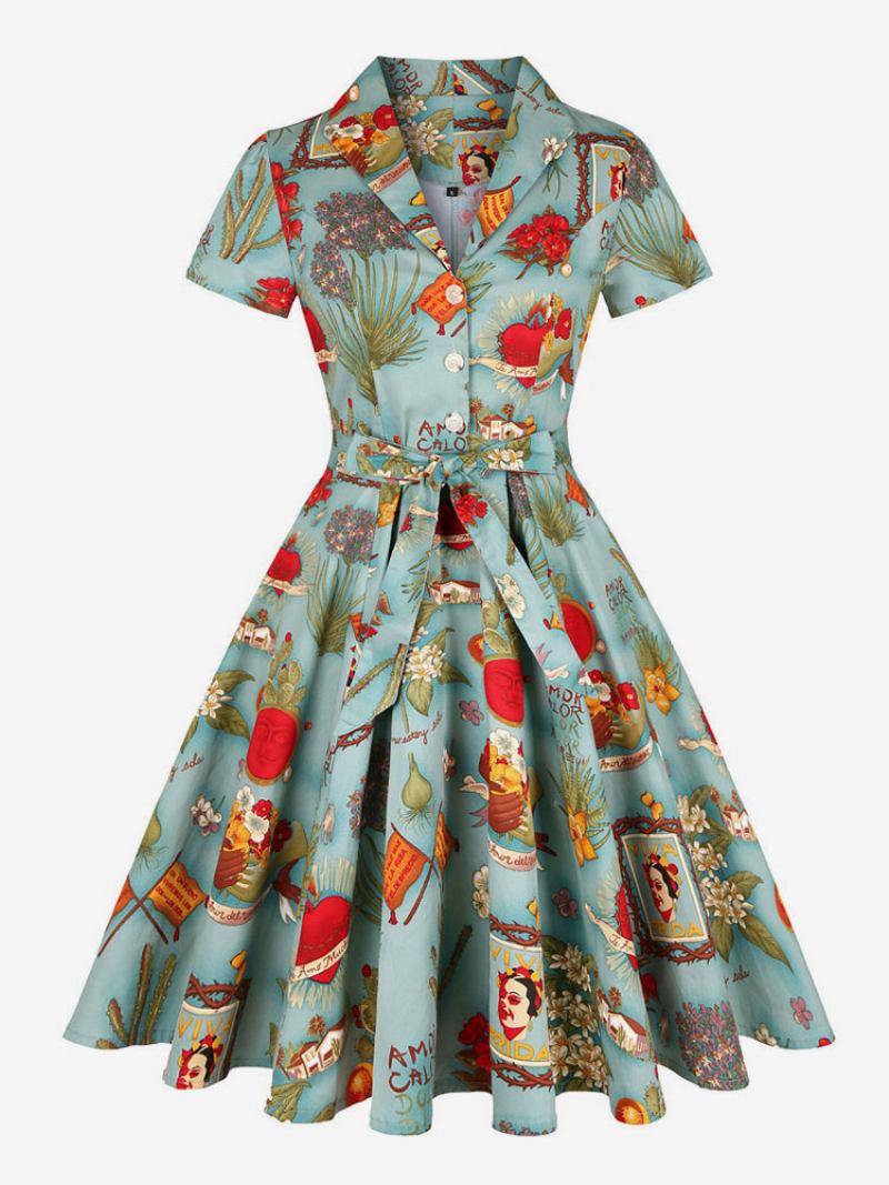 Vestido Feminino Estilo Audrey Hepburn Dos Anos 1950. Vintage Decote Em V Mangas Curtas Altura Do Joelho Estampa Floral Rockabilly - Verde Escuro