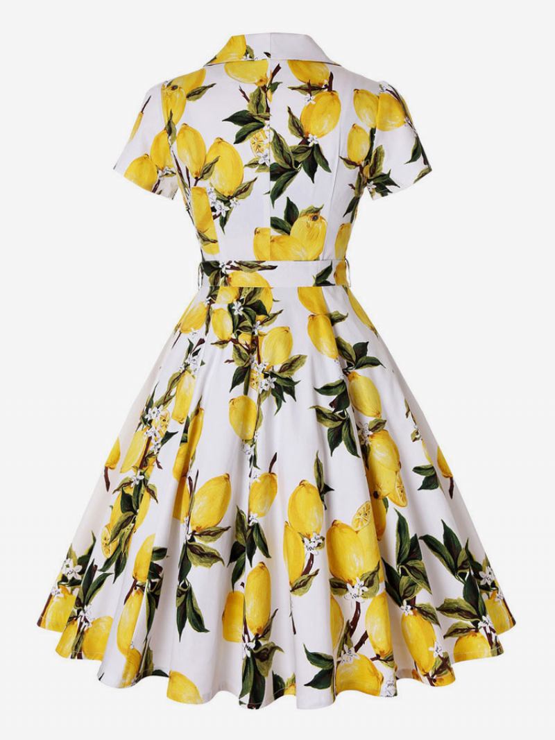 Vestido Feminino Estilo Audrey Hepburn Dos Anos 1950. Vintage Decote Em V Mangas Curtas Altura Do Joelho Estampa Floral Rockabilly - Amarelo