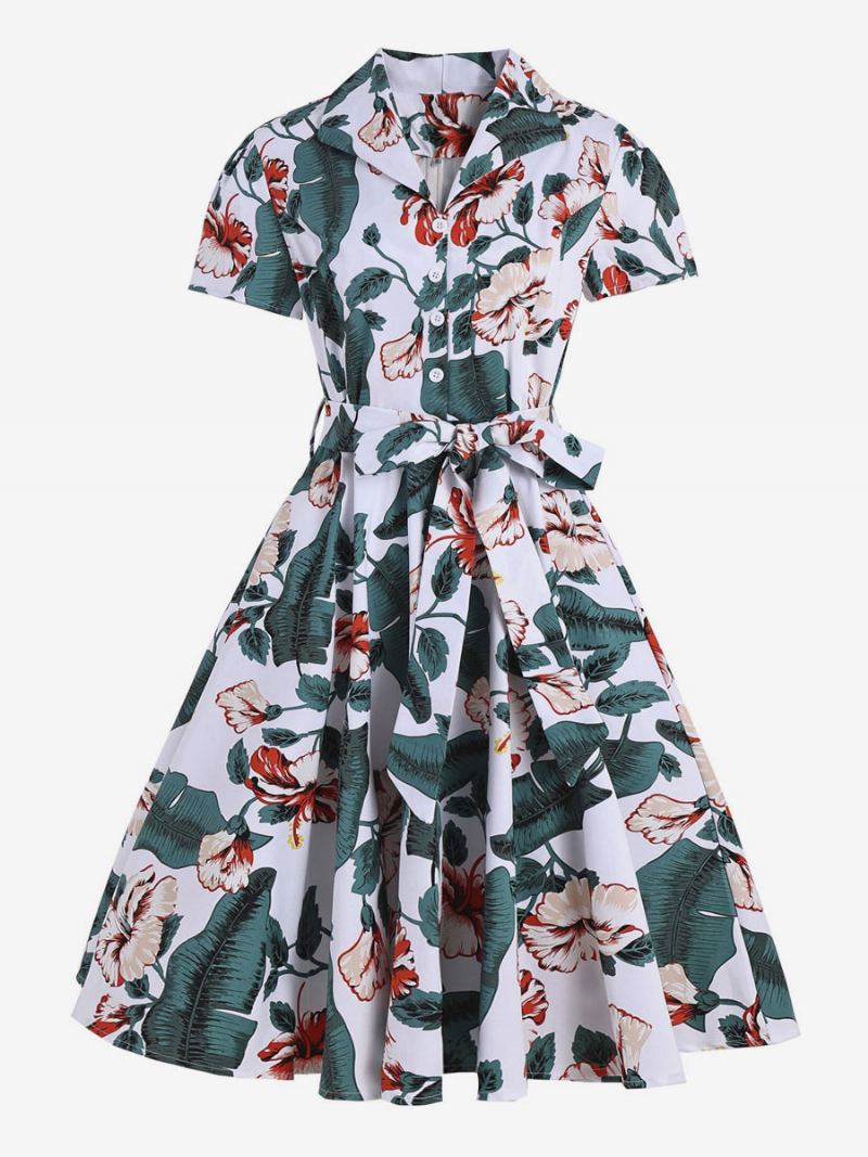 Vestido Feminino Estilo Audrey Hepburn Dos Anos 1950. Vintage Decote Em V Mangas Curtas Altura Do Joelho Estampa Floral Rockabilly - Verde Pastel