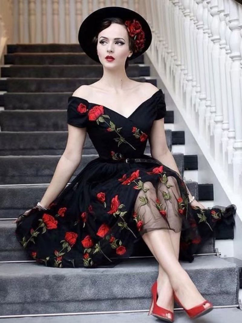 Vestido Feminino Preto Estilo Audrey Hepburn Dos Anos 1950 Com Ombro Fora E Flor Bordada Em Tule Vintage