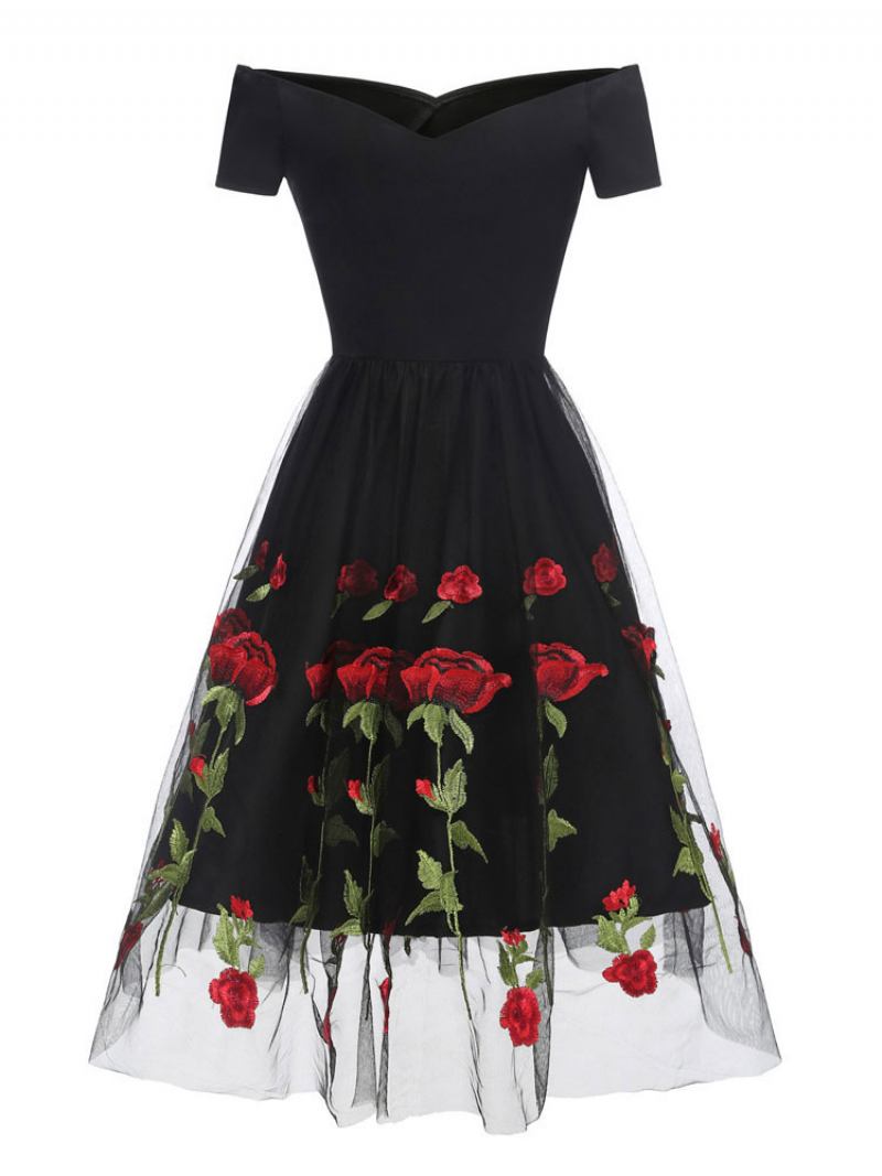 Vestido Feminino Preto Estilo Audrey Hepburn Dos Anos 1950 Com Ombro Fora E Flor Bordada Em Tule Vintage - Preto