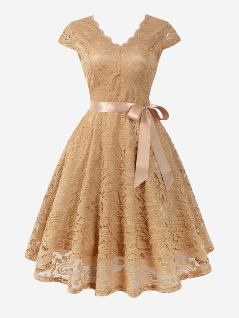 Vestido Feminino Renda Vintage Dos Anos 1950. Decote Em V Manga Arco Faixa Retrô Swing