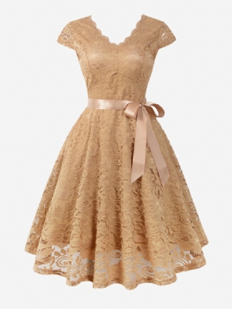 Vestido Feminino Renda Vintage Dos Anos 1950. Decote Em V Manga Arco Faixa Retrô Swing