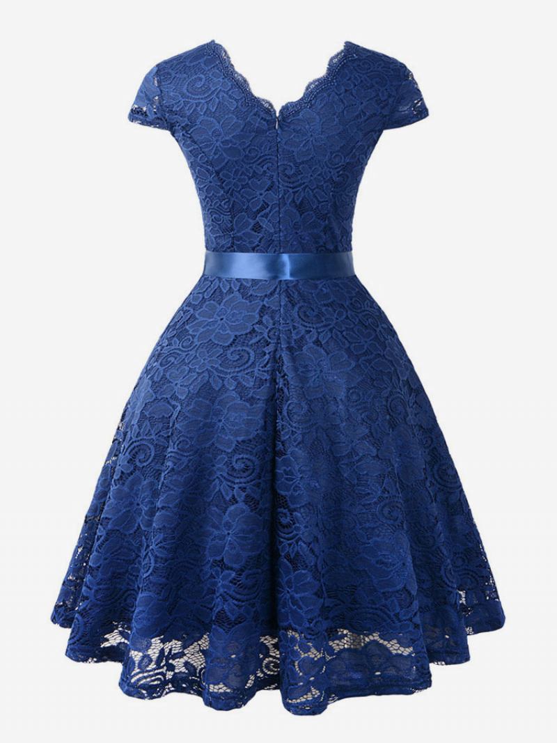 Vestido Feminino Renda Vintage Dos Anos 1950. Decote Em V Manga Arco Faixa Retrô Swing - Marinho Escuro