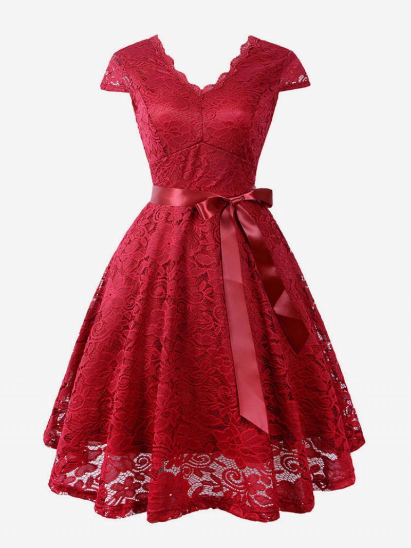 Vestido Feminino Renda Vintage Dos Anos 1950. Decote Em V Manga Arco Faixa Retrô Swing - Borgonha