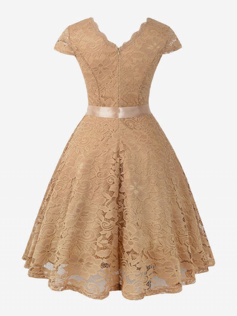 Vestido Feminino Renda Vintage Dos Anos 1950. Decote Em V Manga Arco Faixa Retrô Swing - Cáqui