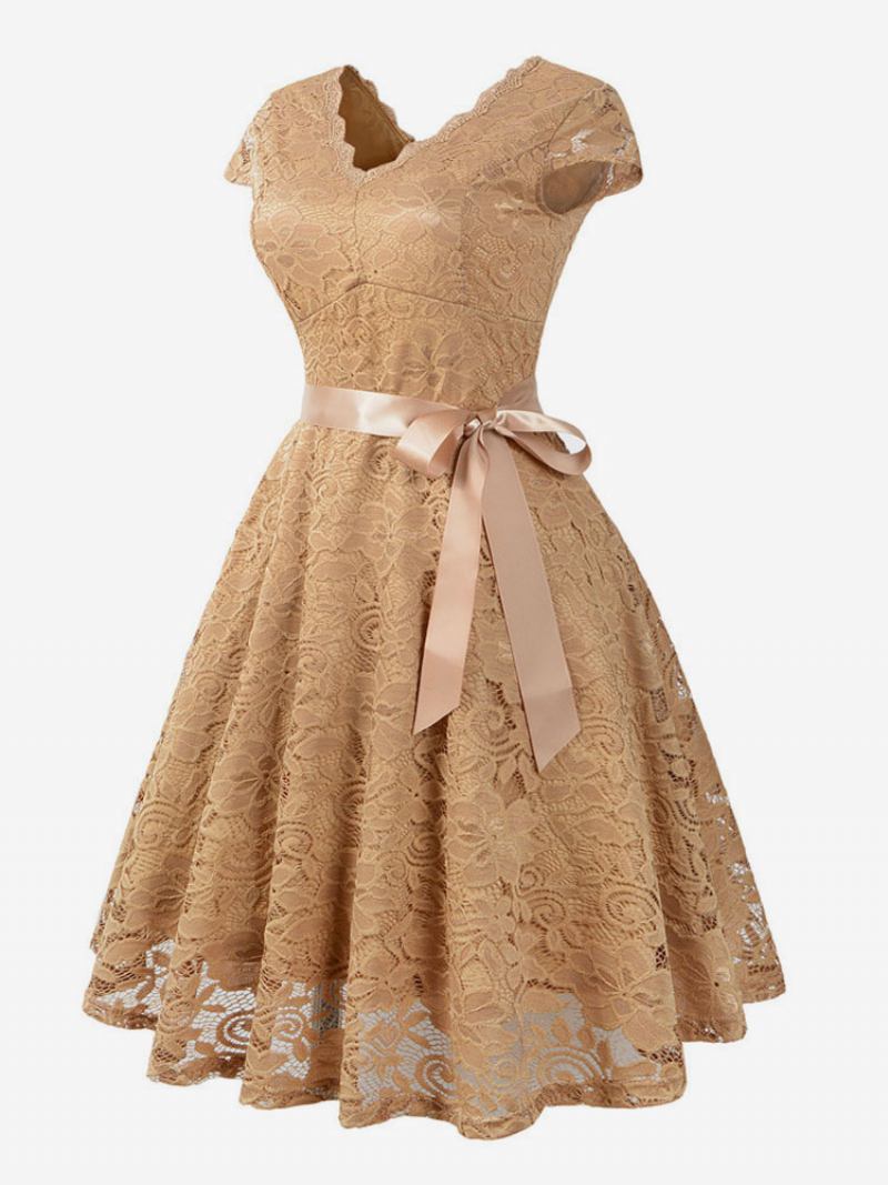 Vestido Feminino Renda Vintage Dos Anos 1950. Decote Em V Manga Arco Faixa Retrô Swing - Cáqui