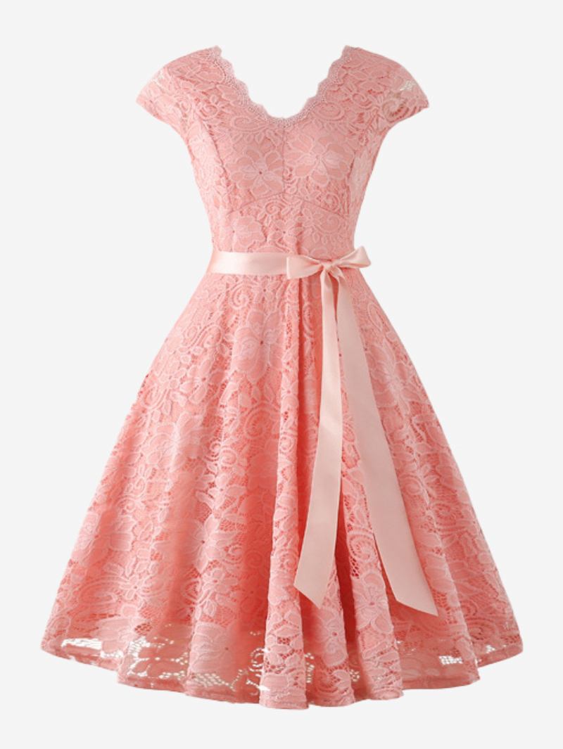 Vestido Feminino Renda Vintage Dos Anos 1950. Decote Em V Manga Arco Faixa Retrô Swing - Rosa