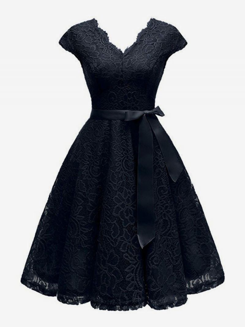 Vestido Feminino Renda Vintage Dos Anos 1950. Decote Em V Manga Arco Faixa Retrô Swing - Preto