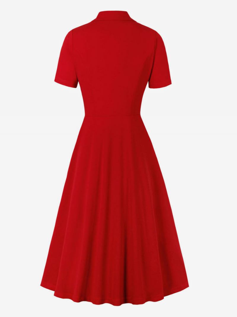 Vestido Feminino Retrô Estilo Audrey Hepburn Dos Anos 1950. Decote Em V Botões Mangas Curtas Camadas Longo Rockabilly - Vermelho