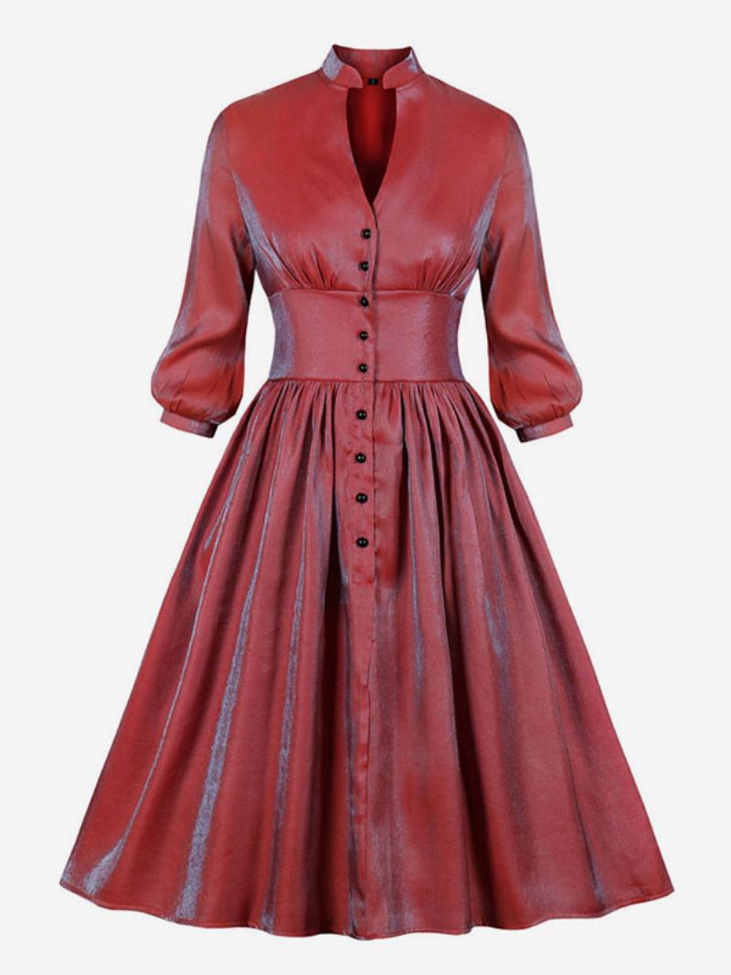 Vestido Feminino Retrô Natal Dos Anos 1950. Estilo Audrey Hepburn Vermelho Ombre Mangas Compridas Decote Em V Rockabilly