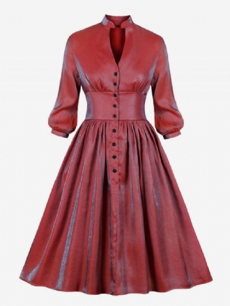 Vestido Feminino Retrô Natal Dos Anos 1950. Estilo Audrey Hepburn Vermelho Ombre Mangas Compridas Decote Em V Rockabilly