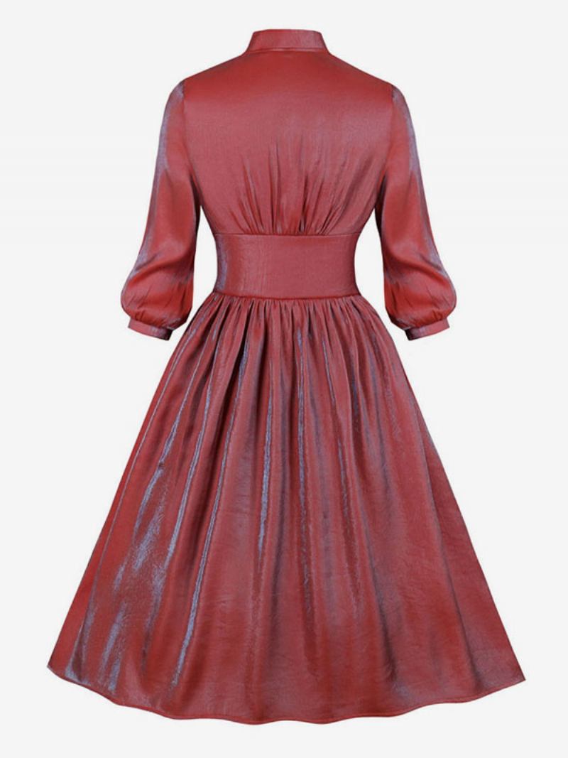 Vestido Feminino Retrô Natal Dos Anos 1950. Estilo Audrey Hepburn Vermelho Ombre Mangas Compridas Decote Em V Rockabilly - Vermelho