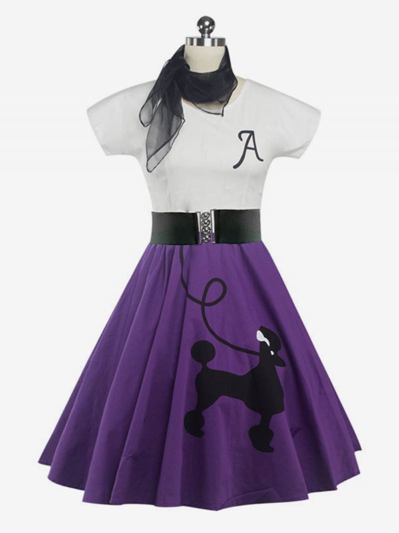 Vestido Feminino Retrô Swing Com Decote Em U Cinto E Mangas Curtas Estampadas Vestidos Médios Casuais - Roxo