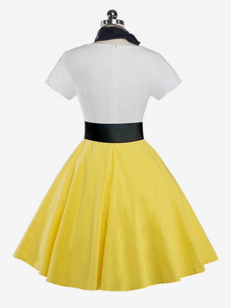 Vestido Feminino Retrô Swing Com Decote Em U Cinto E Mangas Curtas Estampadas Vestidos Médios Casuais - Amarelo