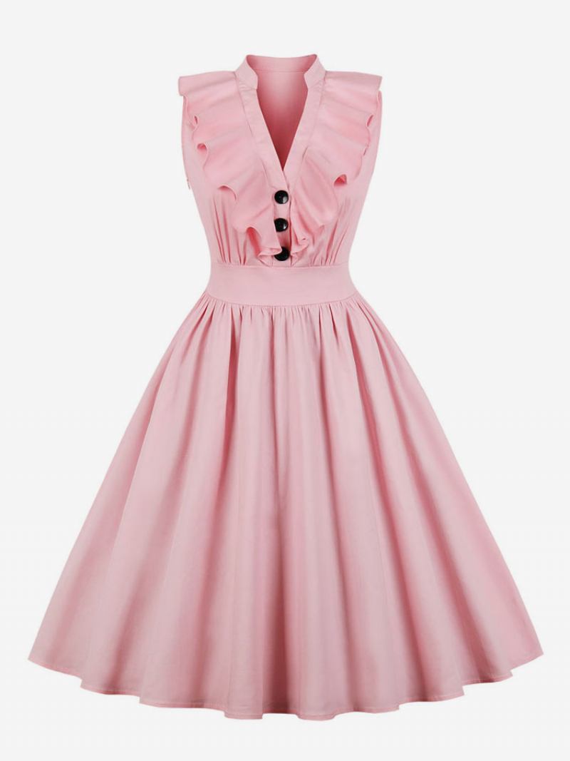 Vestido Feminino Rosa Vintage Com Decote Em V Babados Botões Verão Algodão