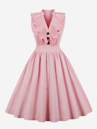 Vestido Feminino Rosa Vintage Com Decote Em V Babados Botões Verão Algodão