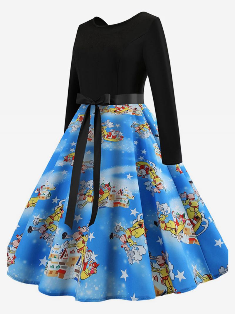 Vestido Feminino Vintage Anos 50 Audrey Hepburn Estilo Swing Estampado Manga Comprida Retrô - Azul