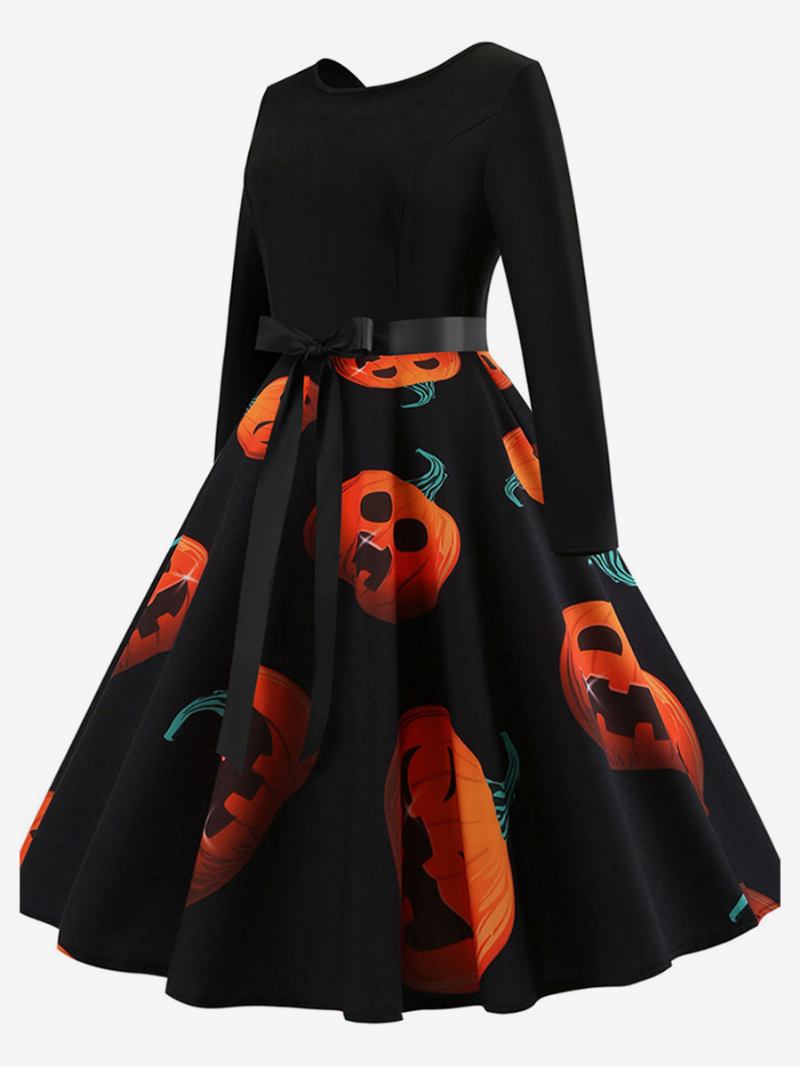 Vestido Feminino Vintage Anos 50 Audrey Hepburn Estilo Swing Estampado Manga Comprida Retrô - Laranja