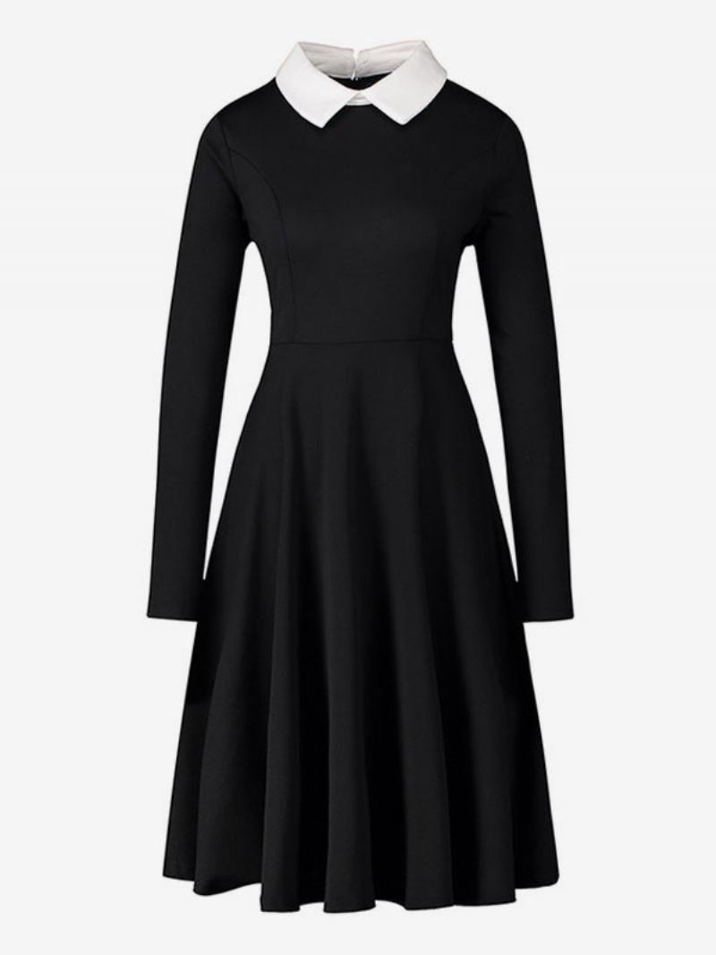 Vestido Feminino Vintage Anos 50 Audrey Hepburn Estilo Turndown Colarinho Mangas Compridas Rockabilly