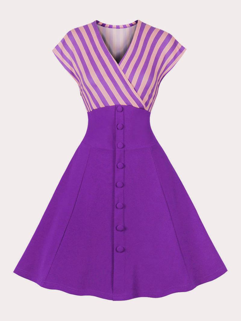 Vestido Feminino Vintage Anos 50. Estilo Audrey Hepburn Listras Azuis Decote Em V Rockabilly