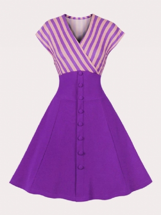 Vestido Feminino Vintage Anos 50. Estilo Audrey Hepburn Listras Azuis Decote Em V Rockabilly