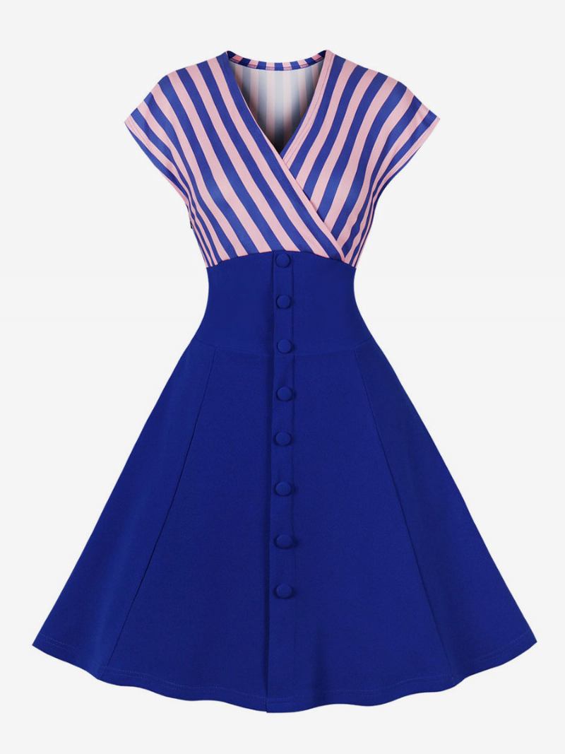 Vestido Feminino Vintage Anos 50. Estilo Audrey Hepburn Listras Azuis Decote Em V Rockabilly -  Azul