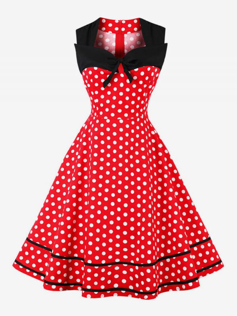 Vestido Feminino Vintage Bolinhas Com Laço E Coração Sem Mangas Verão - Vermelho Claro