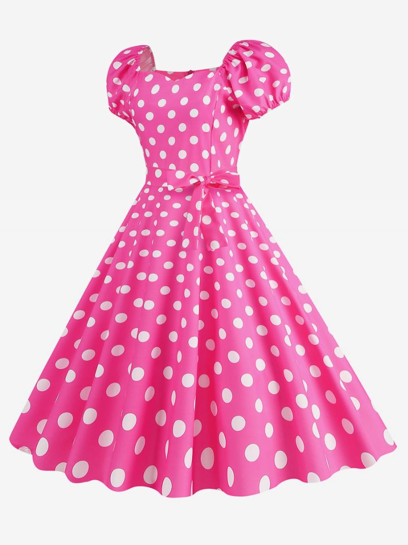 Vestido Feminino Vintage Com Decote Em Coração Mangas Bufantes Bolinhas Vestidos Longos Casuais - Rosa