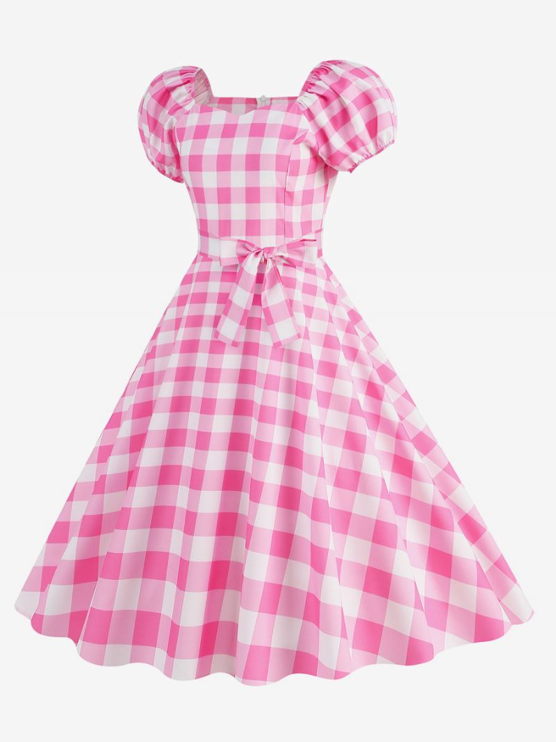 Vestido Feminino Vintage Com Decote Em Coração Mangas Bufantes Bolinhas Vestidos Longos Casuais - Rosa