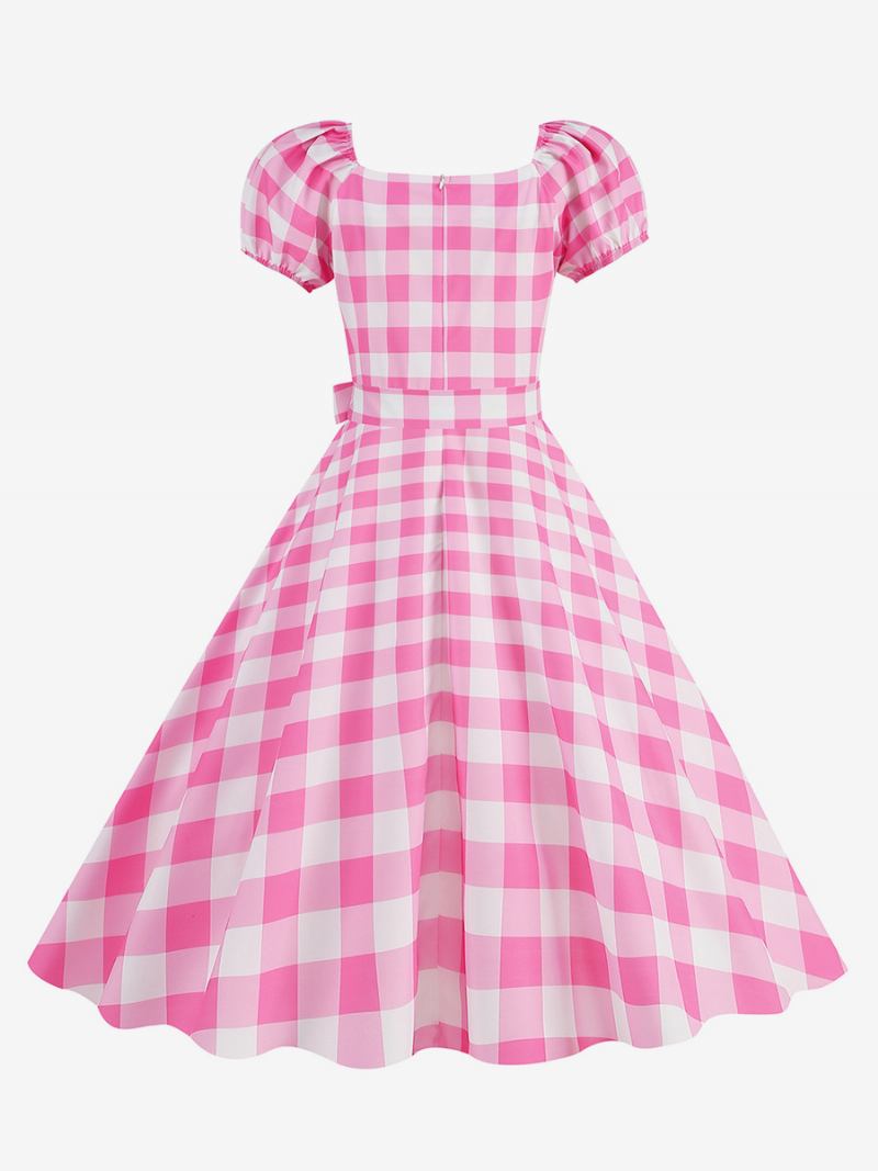 Vestido Feminino Vintage Com Decote Em Coração Mangas Bufantes Bolinhas Vestidos Longos Casuais - Rosa