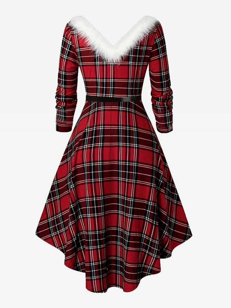 Vestido Feminino Vintage Da Escócia Com Decote Em V Acabamento Penas E Cinto Alto-baixo - Vermelho