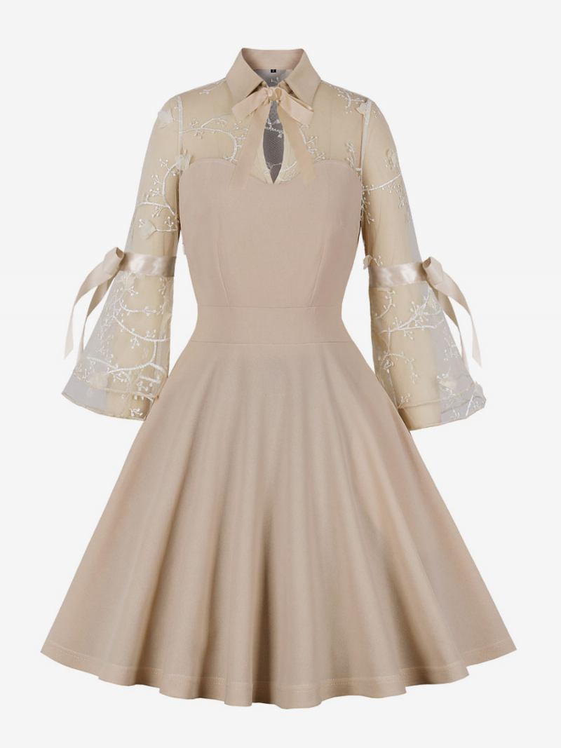 Vestido Feminino Vintage Dos Anos 1950 Audrey Hepburn Estilo Damasco Estampa Floral Renda Manga Comprida Gola Rockabilly