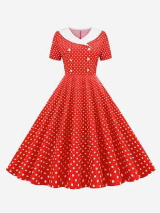 Vestido Feminino Vintage Dos Anos 1950 Audrey Hepburn Estilo Decote Em V Mangas Curtas Na Altura Do Joelho Swing Bolinhas