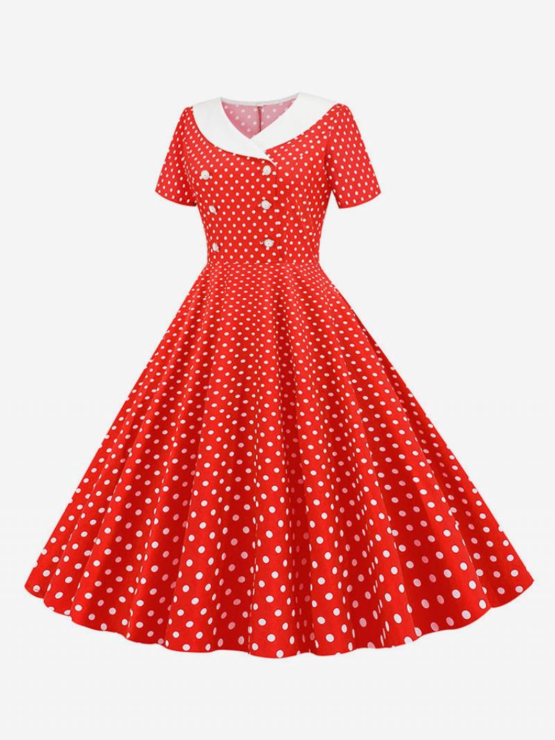 Vestido Feminino Vintage Dos Anos 1950 Audrey Hepburn Estilo Decote Em V Mangas Curtas Na Altura Do Joelho Swing Bolinhas - Vermelho 