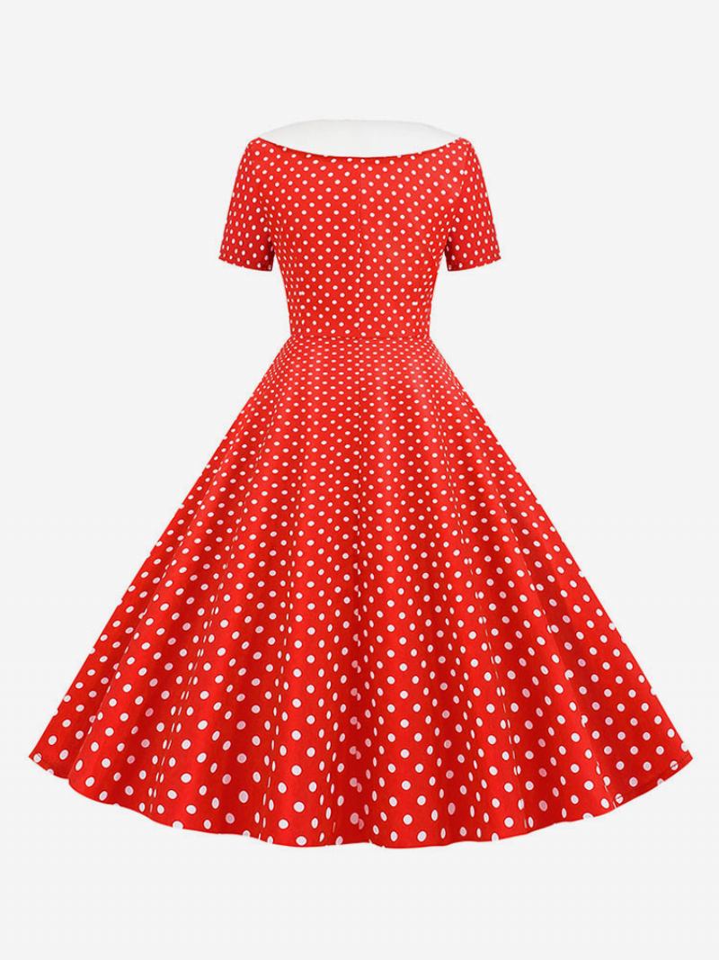 Vestido Feminino Vintage Dos Anos 1950 Audrey Hepburn Estilo Decote Em V Mangas Curtas Na Altura Do Joelho Swing Bolinhas - Vermelho 