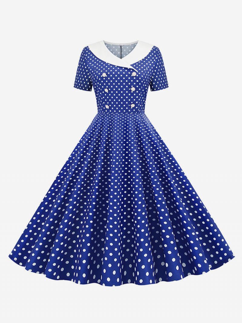 Vestido Feminino Vintage Dos Anos 1950 Audrey Hepburn Estilo Decote Em V Mangas Curtas Na Altura Do Joelho Swing Bolinhas -  Azul 