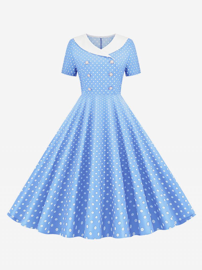 Vestido Feminino Vintage Dos Anos 1950 Audrey Hepburn Estilo Decote Em V Mangas Curtas Na Altura Do Joelho Swing Bolinhas -  Azul Céu Claro 