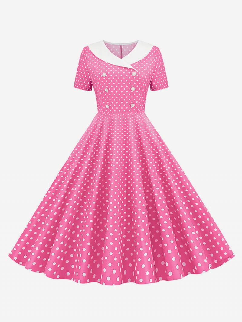 Vestido Feminino Vintage Dos Anos 1950 Audrey Hepburn Estilo Decote Em V Mangas Curtas Na Altura Do Joelho Swing Bolinhas -  Rosa