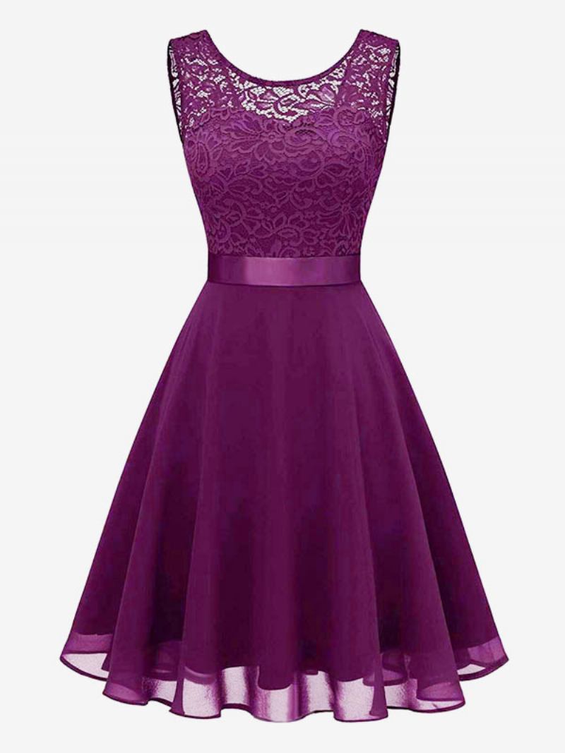 Vestido Feminino Vintage Dos Anos 1950 Audrey Hepburn Estilo Joia Com Decote Em Camadas Sem Mangas Rockabilly Rosa Médio - Roxo