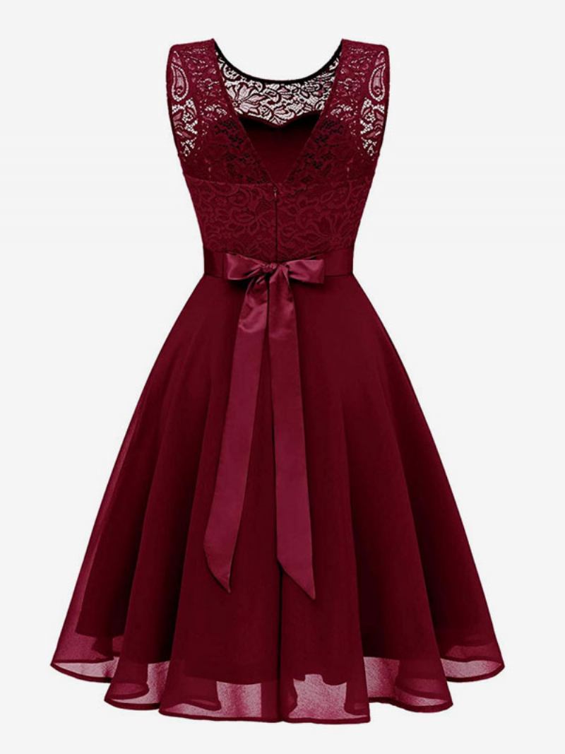 Vestido Feminino Vintage Dos Anos 1950 Audrey Hepburn Estilo Joia Com Decote Em Camadas Sem Mangas Rockabilly Rosa Médio - Borgonha