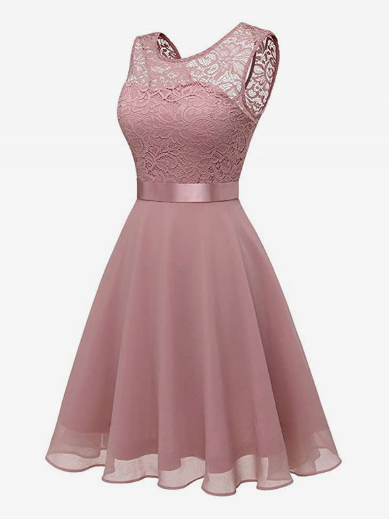 Vestido Feminino Vintage Dos Anos 1950 Audrey Hepburn Estilo Joia Com Decote Em Camadas Sem Mangas Rockabilly Rosa Médio - Rosa